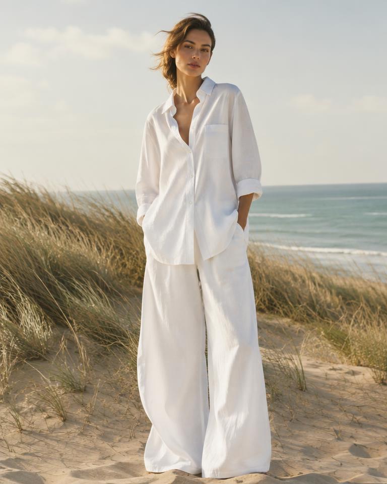 Relaxed linen outfit for a morning by the coast